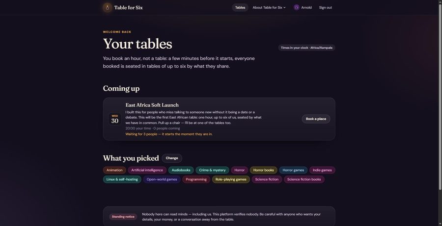 Upcoming tables listing