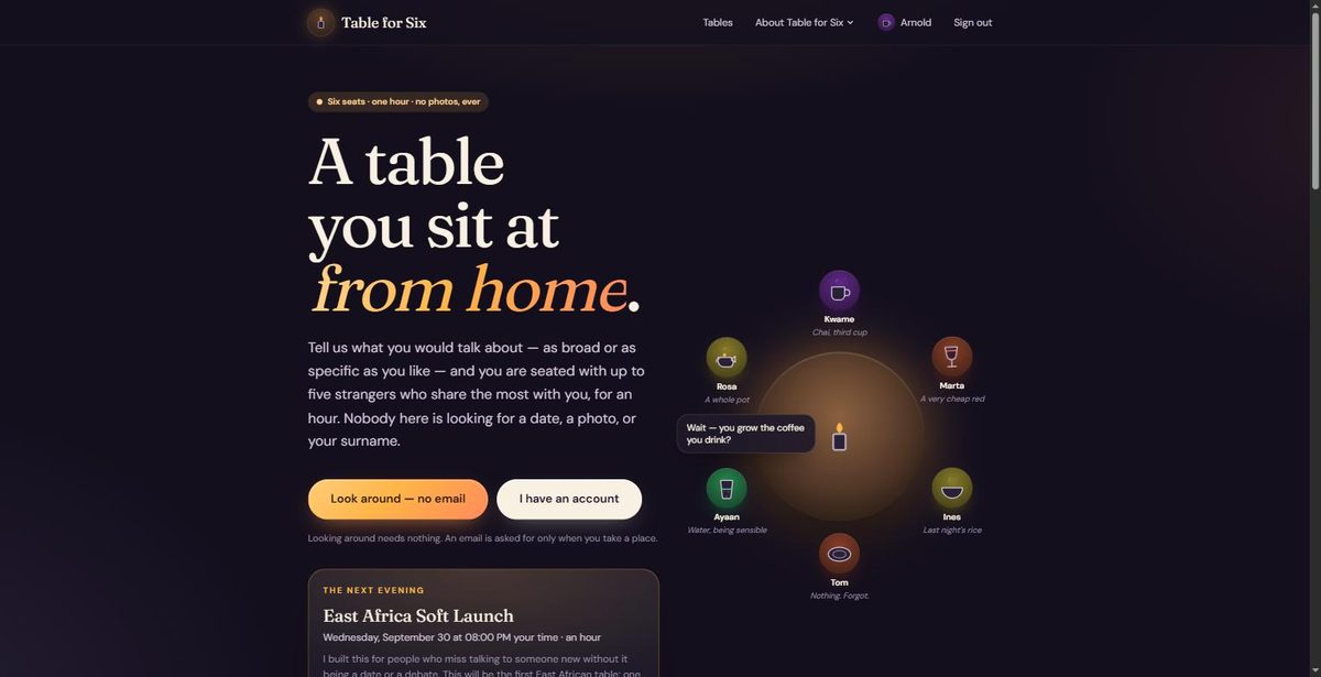 Table for Six landing page in a dark theme