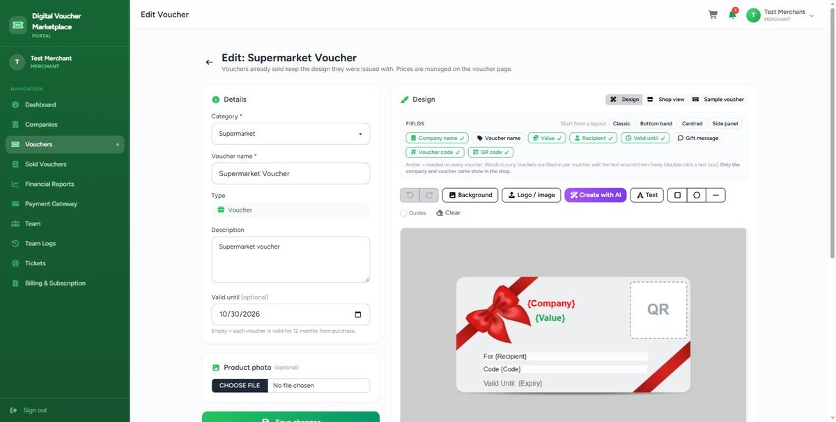 Drag-and-drop voucher designer with layout presets and a live canvas